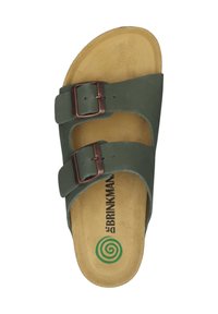 Green leather slide sandal with two adjustable brown buckles, beige footbed, and embossed logo with spiral design on sole.