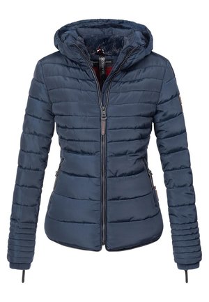 Navy blue puffer jacket with a fur-lined hood, horizontal quilted design, front zipper, and side pockets. Features elastic cuffs and hem.