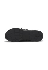 Suela de zapatilla negra con patrón de agarre texturizado, que presenta un diseño curvado y detalles de logo. Soporta la durabilidad y la tracción.