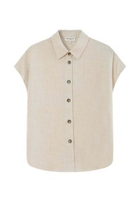 Camisa beige de manga corta con botones, cuello y seis botones en la parte delantera, con una tela sutilmente texturizada.