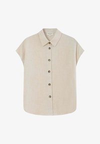 Camisa beige de manga corta con botones, cuello y seis botones en la parte delantera, con una tela sutilmente texturizada.