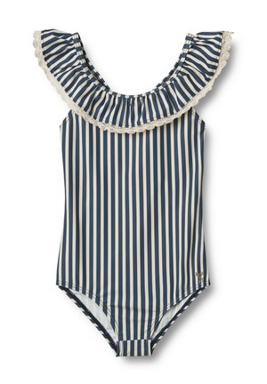 Maillot de bain une pièce à rayures verticales bleu marine et blanches, avec un décolleté froncé bordé de dentelle.