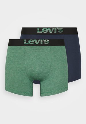 Zwei Paare Levi's Boxershorts in Grün und Marineblau. Sie verfügen über einen schwarzen elastischen Bund mit dem Markennamen in einem gestreiften Design.