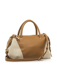 Borsa a tracolla in pelle marrone con pannello crema testurizzato, doppi manici e tracolla rimovibile. Dettagli hardware in tono oro.