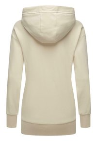Cream-colored hoodie with a soft texture, featuring a drawstring hood, long sleeves, and ribbed cuffs and hem for a snug fit.