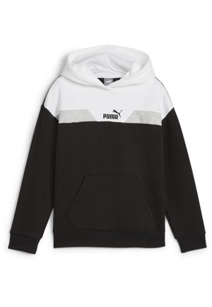 Czarna, biała i szara bluza Puma z kapturem, z kieszenią kangurzą z przodu i logo na piersi, z długimi rękawami i kapturem.