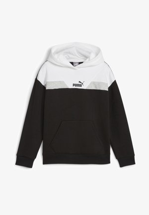 Sweat à capuche Puma noir, blanc et gris avec poche kangourou à l'avant et logo sur la poitrine, manches longues et capuche.