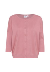 Light pink cardigan with a round neckline, three-quarter sleeves, and subtle ribbed texture. Features six buttons down the front.