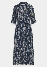 Marinblå maxi-klänning med vita abstrakta fjädrande mönster, knäppning fram, trekvartsärmar, krage och matchande tygbälte.