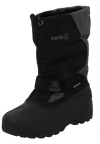 Bota de invierno negra impermeable con suela de goma texturizada, caña de tejido acolchada, parte superior ajustable y tira de Velcro para un ajuste seguro.