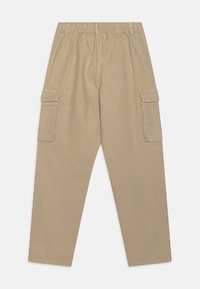 Beige cargobroek met een elastische tailleband, twee grote zijzakken, rechte pijpen en een soepele katoentextuur.