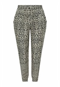 Svarta och krämfärgade mönstrade byxor med resårmidja och snörning, med tapered ben och sidofickor.