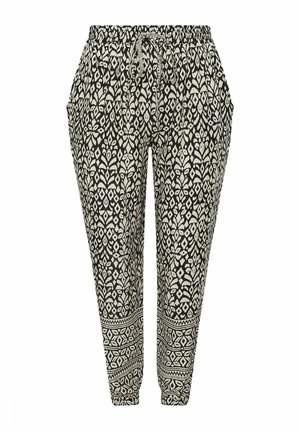 Pantaloni a motivo nero e crema con vita elastica e coulisse, dotati di gambe affusolate e tasche laterali.