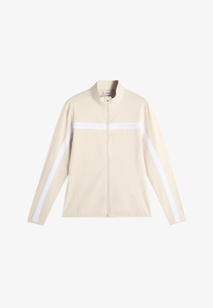 Giacca beige con zip e maniche lunghe, con strisce orizzontali bianche sulle maniche, collo alto e logo sottile sul petto.
