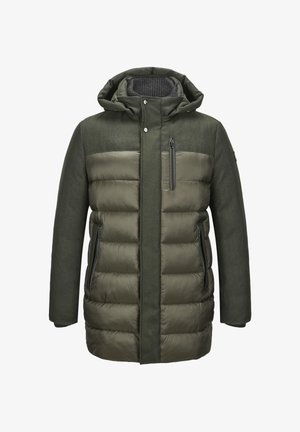 Gepolsterte grüne Jacke mit strukturiertem Schultereinsatz, großer Kapuze, Reißverschluss-Brusttasche und zwei Seitentaschen. Glatte und gesteppte Bereiche.