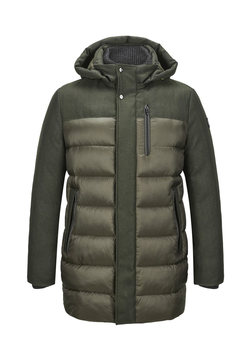 Gepolsterte grüne Jacke mit strukturiertem Schultereinsatz, großer Kapuze, Reißverschluss-Brusttasche und zwei Seitentaschen. Glatte und gesteppte Bereiche.