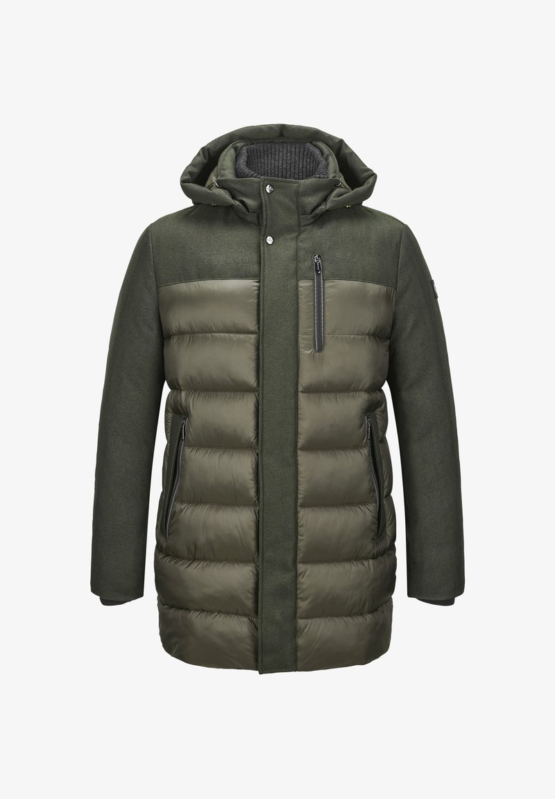 Gepolsterte grüne Jacke mit strukturiertem Schultereinsatz, großer Kapuze, Reißverschluss-Brusttasche und zwei Seitentaschen. Glatte und gesteppte Bereiche.