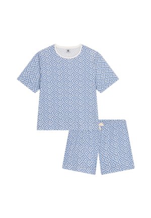 Blauw bloemenpatroon pyjama set, bestaande uit een top met korte mouwen en shorts, gemaakt van lichte stof met een witte ronde hals en afwerking.