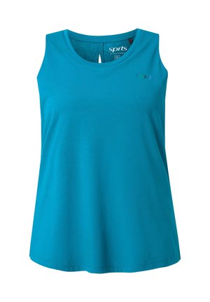 Helles blaues ärmelloses Sport-Tanktop mit rundem Ausschnitt und kleinem Markenlogo auf der oberen linken Brustseite.