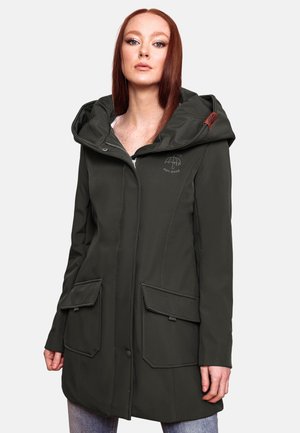 Dark green waterproof parka with large hood, zip closure, two front pockets, and stitched detailing. Smooth texture and casual design.