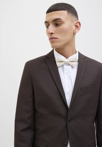 Brun skræddersyet jakkesætjakke med to knapper, lommetørklæde og hvid skjorte med en lys beige butterfly. Glat stof og rene linjer.