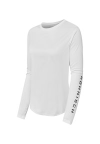 Weißes Langarmshirt mit Rundhalsausschnitt und in Schwarz bedrucktem Logo auf dem rechten Ärmel. Glattes Material mit lockerer Passform.