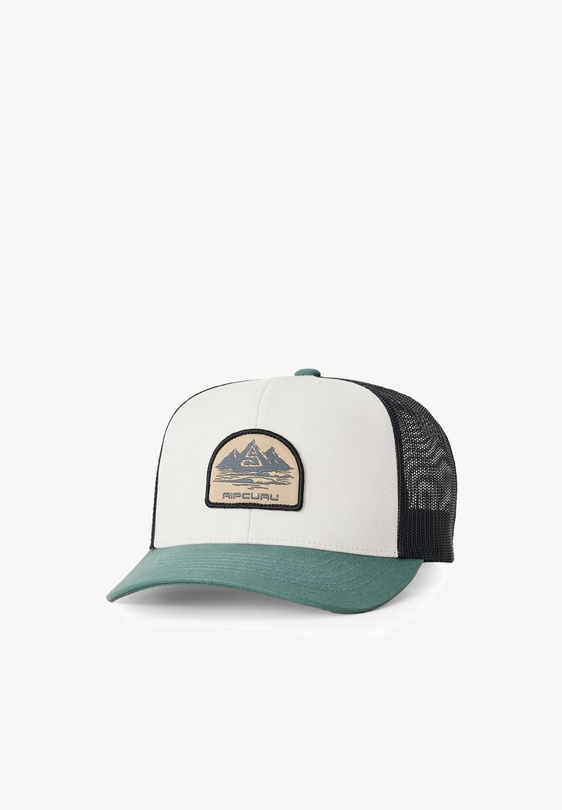 Casquette trucker à l'avant blanc et visière verte avec un dos en maille noire, ornée d'un patch logo montagne étiqueté "Rip Curl" sur le panneau avant.