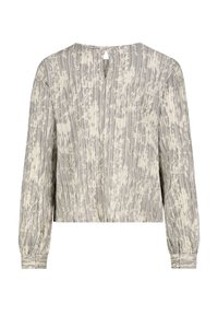 Langärmlige Bluse in Hellgrau mit einem abstrakten Muster in Off-White, mit einem Schlüsselloch-Rückenöffnung und elastischen Bündchen.