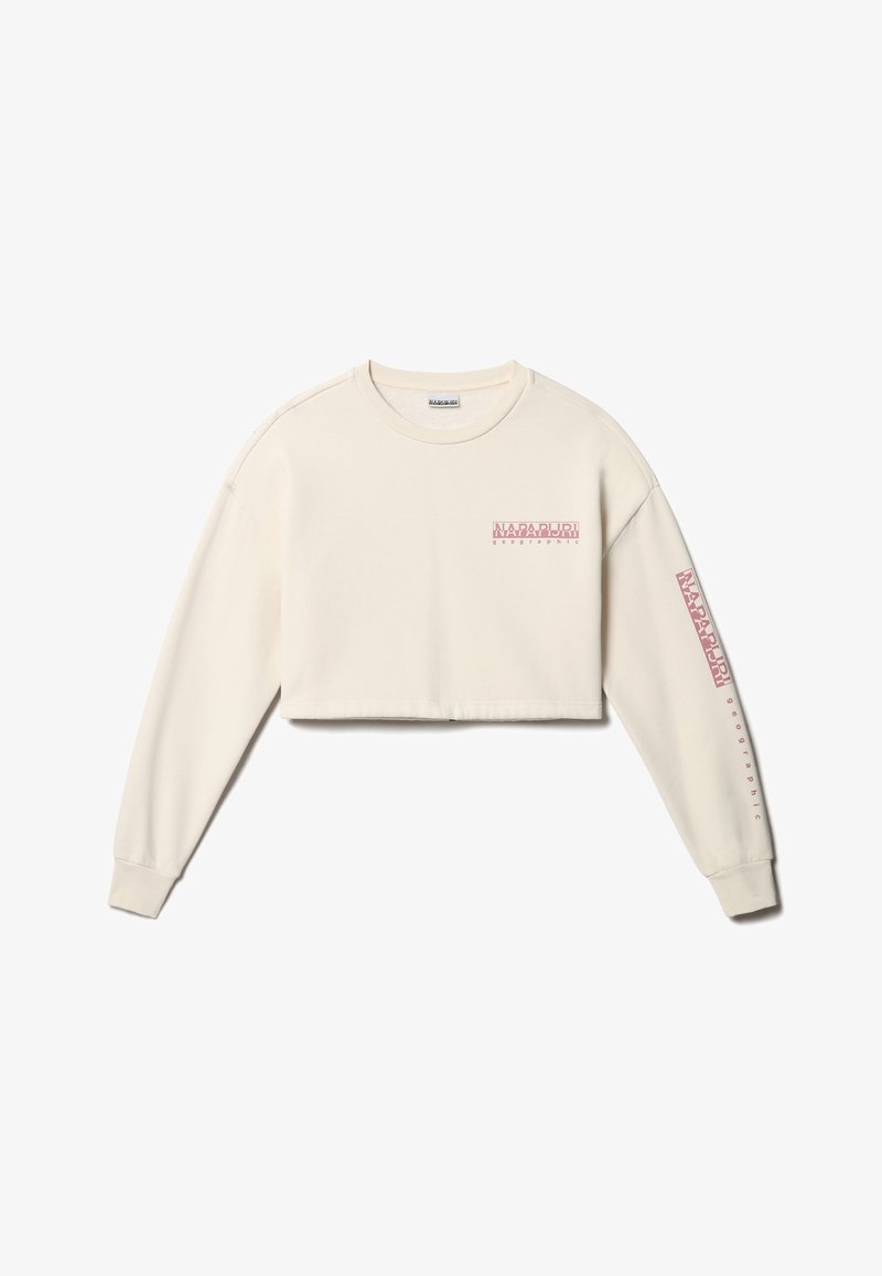 Sweat-shirt court couleur crème à manches longues, avec le texte rose « Napapijri geographic » sur la poitrine et la manche gauche.