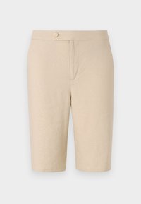 Short beige mi-genou avec fermeture à bouton à la taille et texture de tissu simple et lisse.