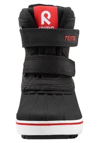 Svarta vattentäta stövlar med dubbel kardborreband, vit sula, röda detaljer, texturerad ovandel och en distinkt logotyp framtill.