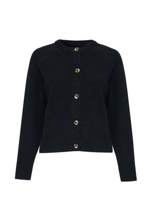 Cardigan nero lavorato a maglia con scollatura rotonda, dotato di sei grandi bottoni e polsini e orlo a coste. Il materiale è morbido e di consistenza. 