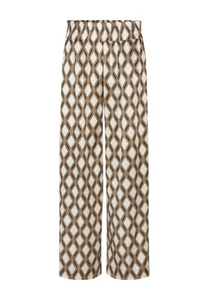 Wide-leg trousers in a cream color featuring a geometric brown and black diamond pattern. Elastic waistband with a smooth fabric texture.