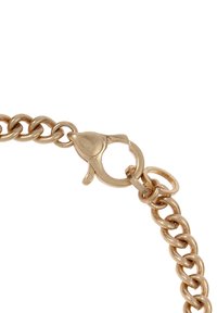 Catena in metallo color oro con anelli intrecciati; presenta una chiusura a granchio e un anello di attacco circolare per un fissaggio sicuro.
