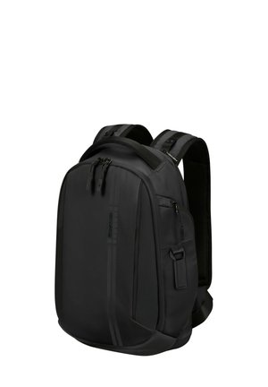 Black backpack with a sleek design, made from durable fabric. Features padded straps, multiple zippered pockets, and a textured back.