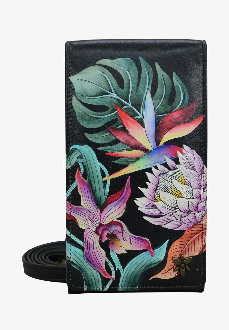 Zwarte leren portemonnee met levendige bloemmotieven, waaronder orchideeën en tropische bladeren, met een zachte textuur en een afneembare strap.