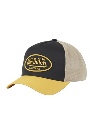 Casquette de camionneur en maille noire et beige avec visière jaune. Présente un logo brodé en jaune sur le panneau avant. Design à ajustement élastique.