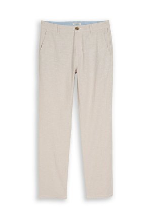 Beige slim-fit broek met voorzakken, riemlussen, knoopsluiting en ritssluiting, afgebeeld op een witte achtergrond.