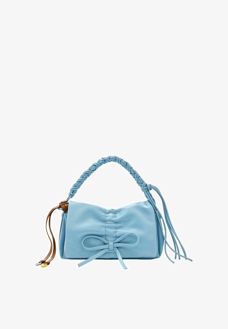 Sac à main en cuir bleu clair avec poignée tressée, détail en forme de nœud et pampilles. Caractérisé par une texture douce et lisse ainsi qu'une forme structurée.
