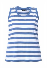 Top senza maniche a righe in cotone bianco e azzurro chiaro, con scollatura rotonda e vestibilità comoda, caratterizzato da righe orizzontali uniformi.