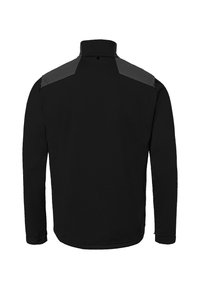 Schwarzer Pullover mit langen Ärmeln und hohem Kragen, der mit einem kontrastierenden dunkelgrauen Schultereinsatz und einer glatten, matten Textur versehen ist.