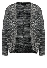 Svart och vit melerad stickad öppen cardigan med långa ärmar och ribbad nederkant och ärmslut.