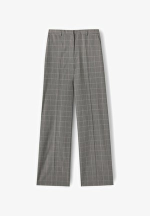 Szare spodnie o prostych nogawkach z białym wzorem kratki typu windowpane i elastycznym pasem, rozłożone płasko na białym tle.