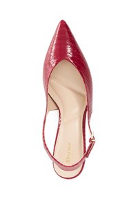 Red, pointed-toe high heel with a glossy, crocodile-patterned finish. Features a slingback strap and a smooth beige interior. Gold branding visible.
