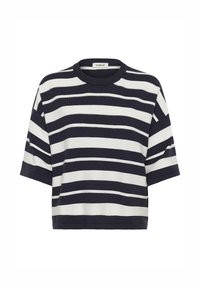 Marineblaue und weiße, kurzärmlige Streifentop mit rundem Ausschnitt, gefertigt aus strukturiertem Stoff, mit legerer Passform und kurzem Schnitt.