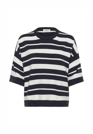 Haut à manches courtes rayé bleu marine et blanc avec un col rond, confectionné dans un tissu texturé, présentant une coupe décontractée et un design court.