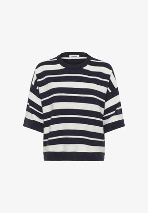 Navy and white striped short-sleeve top with a round neckline, made from a textured fabric, featuring a relaxed fit and cropped design.