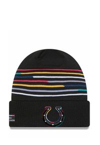 Bonnet en tricot noir avec des rayures horizontales multicolores et un logo brodé imposant à l'avant. Texture douce, coupe extensible.