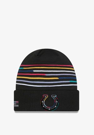 Bonnet en tricot noir avec des rayures horizontales multicolores. Comprend un design de logo brodé en couleurs contrastées sur le revers.