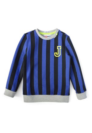 Kinder sweatshirt met lange mouwen, uitgevoerd in blauwe en zwarte verticale strepen, grijze manchetten en zoom, en een gele letter "J" op de borst.